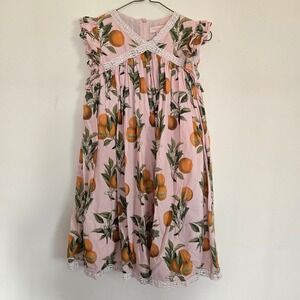 Pink Chicken Girls Pink OrangeFruit Print Flutter Sleeve Lace Trim Dress Size 8y